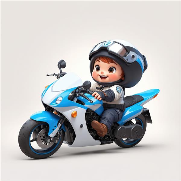 دانلود عکس باکیفیت پسر پلیس کلاه‌دار سوار بر موتور پلیس آبی و سفید طرح سه بعدی اکشن