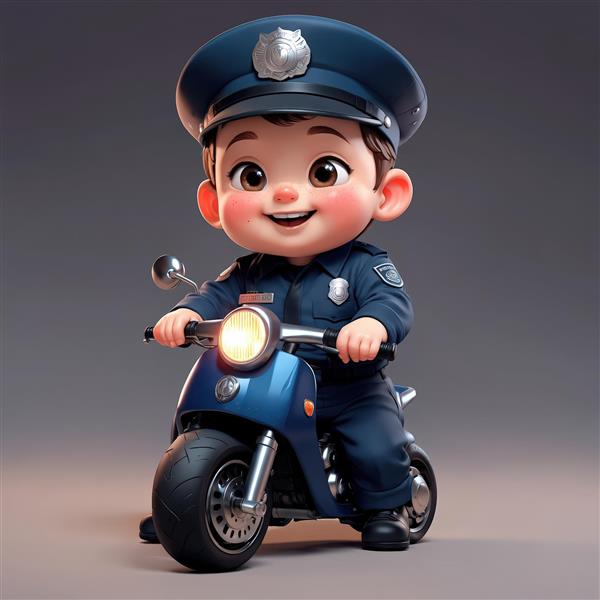 تصویر کودک پلیس سوار بر اسکوتر آبی سرمه‌ای با چراغ روشن طرح باکیفیت برای دکور کودک