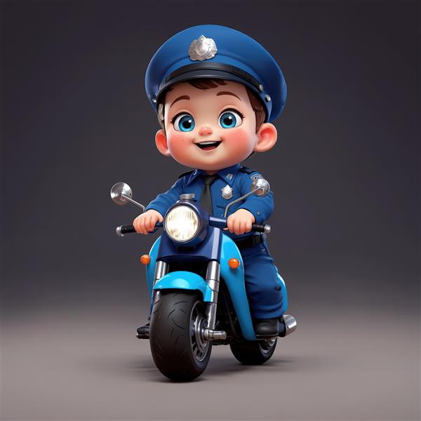 کارتون پسر بچه پلیس با کلاه آبی سوار بر اسکوتر فیروزه‌ای تصویر اورجینال برای چاپ عریض