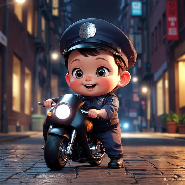 عکس باکیفیت کاراکتر کودک پلیس با موتور مشکی در شب خیابان طرح دکوراتیو سه بعدی