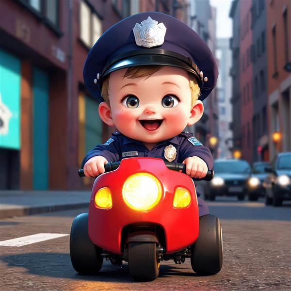 دانلود عکس کودک پلیس سوار بر موتور سه‌چرخ قرمز در خیابان طرح کارتونی جذاب برای تابلو
