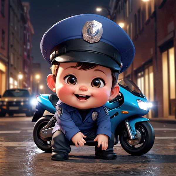 تصویر اورجینال کودک پلیس شاد در شب، نشسته در کنار موتور آبی در خیابان مناسب پوستر دیواری