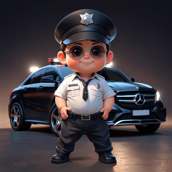 دانلود عکس کودک پلیس با یونیفرم سفید و مشکی در کنار خودرو پلیس سدان مشکی طرح دکوراسیون