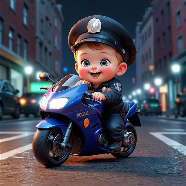کارتون پسر بچه پلیس در شب سوار بر موتور سیکلت آبی در خیابان‌های شهر تصویر شبانه اکشن