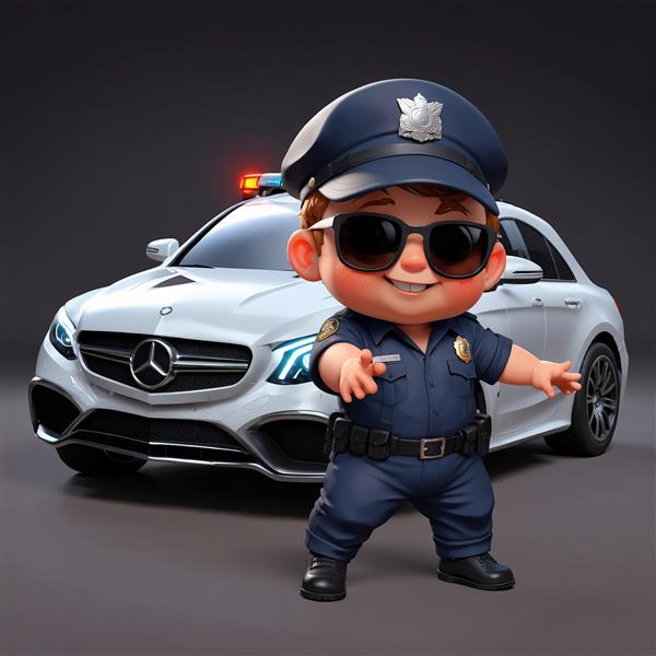 عکس پسر پلیس با عینک آفتابی در مقابل سدان پلیس سفید لوکس تصویر سئو بیس برای وب فارسی