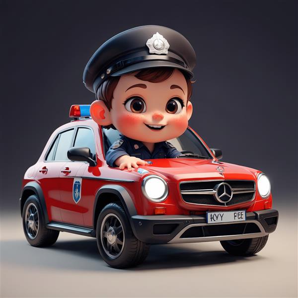 تصویر اورجینال کودک پلیس در حال راندن شاسی‌بلند پلیس قرمز مرسدس بنز طرح فانتزی باکیفیت