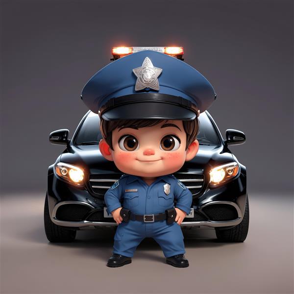 تصویر کودک پلیس کلاه ستاره‌دار در پس‌زمینه سدان مشکی پلیس لوکس طرح جذاب دکوراتیو