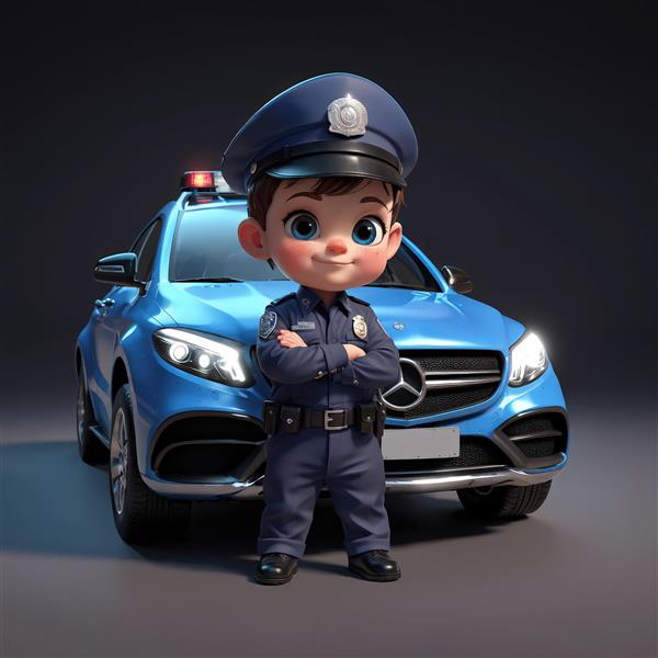 کارتون پسر بچه پلیس با دست به سینه در مقابل خودرو شاسی‌بلند پلیس آبی تصویر اورجینال برای تابلو