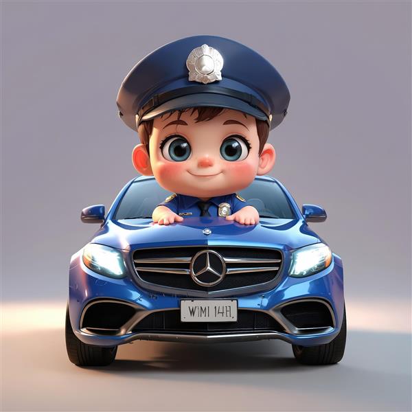 عکس باکیفیت کاراکتر کودک پلیس در حال رانندگی با سدان لوکس پلیس آبی رنگ طرح سه بعدی فانتزی