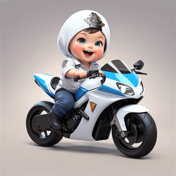 دانلود عکس اورجینال پسر بچه پلیس کلاه‌دار سوار بر موتور سیکلت آبی و سفید مناسب پوستر اتاق کودک