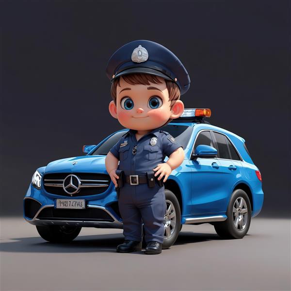 تصویر کودک پلیس با یونیفرم رسمی در کنار شاسی‌بلند پلیس آبی مرسدس بنز طرح کارتونی دکوراتیو