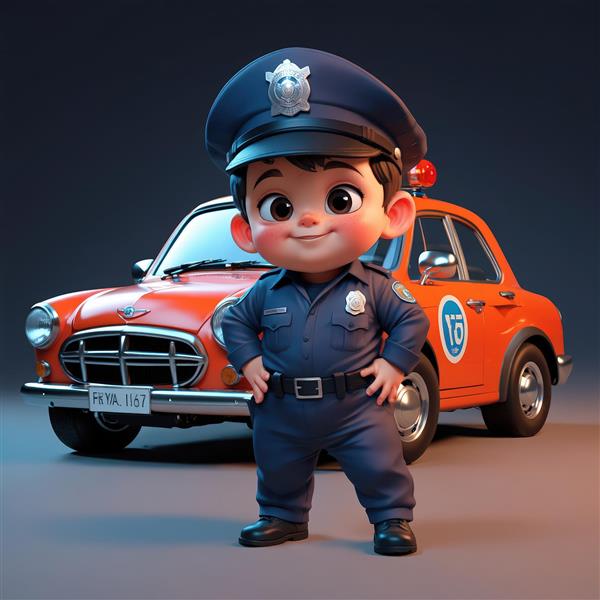 دانلود عکس اورجینال کودک پلیس با کلاه در کنار سدان مینی نارنجی قدیمی مناسب پوستر و تابلو