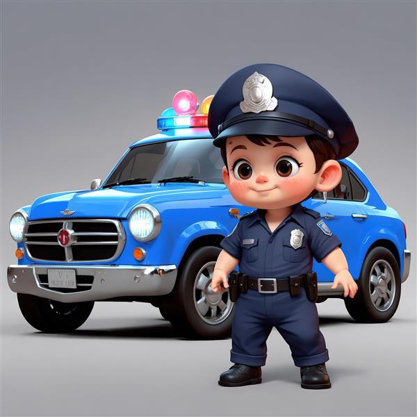 تصوHQ پسر بچه پلیس با کلاه رسمی در مقابل خودرو پلیس با چراغ‌های رنگی فانتزی و باکیفیت