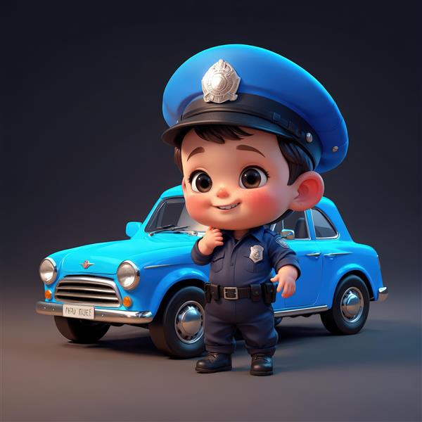 کارتون پسر پلیس شاد در کنار خودرو پلیس کلاسیک آبی روشن طرح دکوراتیو جذاب