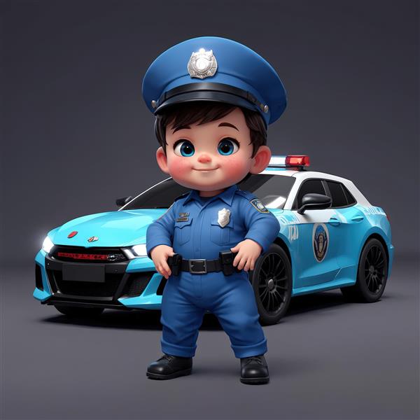 عکس باکیفیت کودک پلیس در کنار سدان اسپرت پلیس آبی مدرن تصویر اورجینال برای چاپ عریض