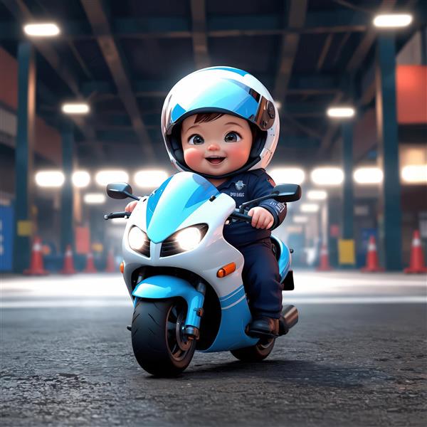 دانل کودک پلیس کلاهدار سوار بر موتور در پارکینگ یا خیابان طرح سه بعدی اکشن