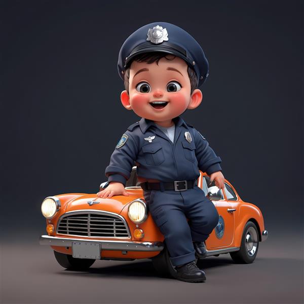 تصویر اورجینال کودک پلیس تکیه داده به خودرو پلیس مینی نارنجی فانتزی برای طراحی پوستر