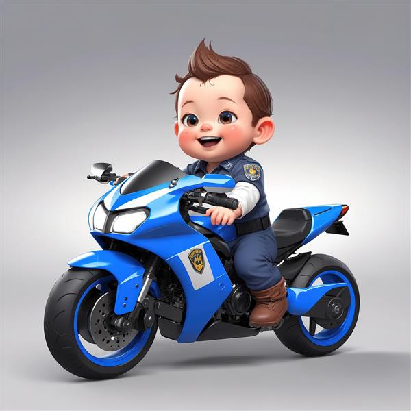 کارتون پسر بچه پلیس بدون کلاه سوار بر موتور اسپرت آبی تصویر سه بعدی با پس‌زمینه ساده