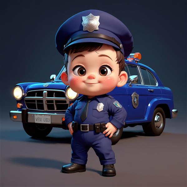 عکس باکیفیت کاراکتر کودک پلیس ایستاده در کنار خودرو پلیس قدیمی سرمه‌ای مناسب چاپ تابلو