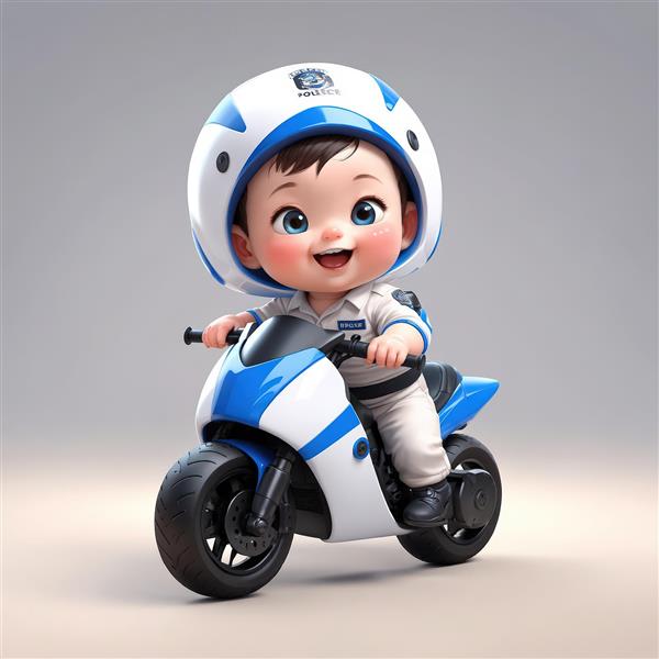 دانلود عکHQ کودک پلیس سوار بر اسکوتر یا موتور سیکلت آبی و سفید طرح کارتونی جذاب