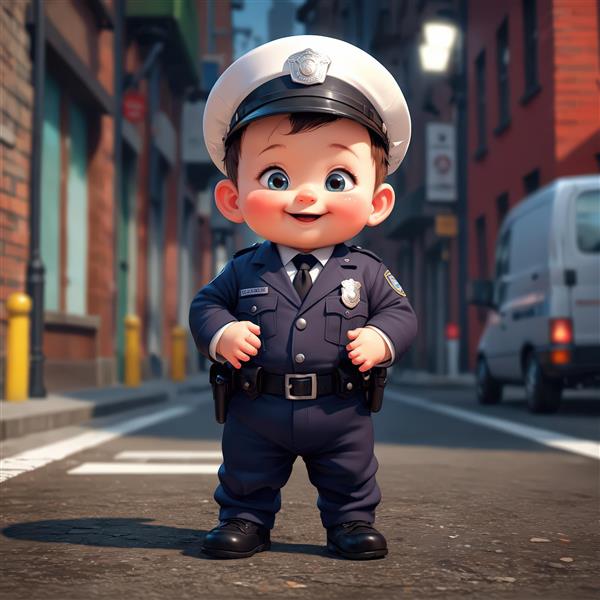 تصویر اورجینال کودک پلیس ایستاده در خیابان شهر با یونیفرم رسمی و کلاه سفید مناسب طراحی و چاپ