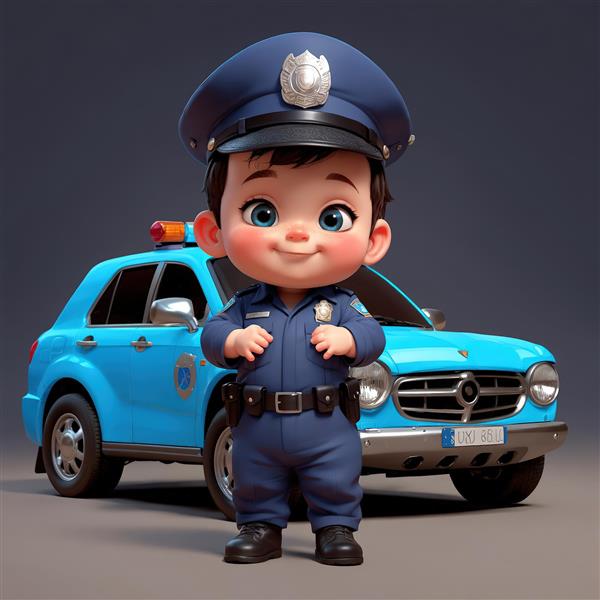 کارتون پسر پلیس با لباس و کلاه آبی تیره در کنار خودرو شاسی بلند فیروزه‌ای تصویر جذاب برای دکوراسیون