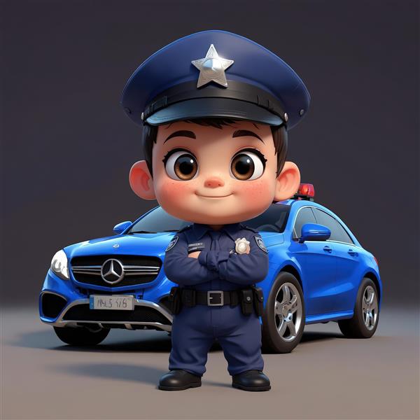 دانلود عکس پسر بچه پلیس روبروی سدان اسپرت آبی مرسدس بنز طرح کارتونی برای چاپ تابلو