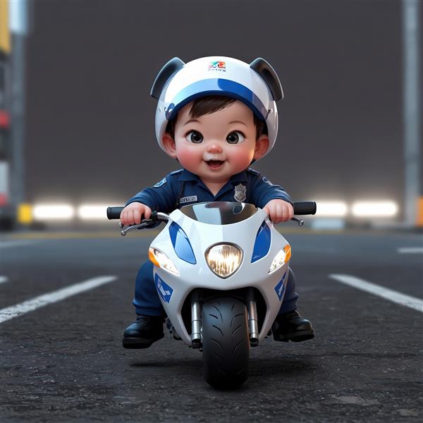 تصویر کاراکتر کودک پلیس در حال راندن موتور سیکلت پلیسی در خیابان طرح باکیفیت چاپی