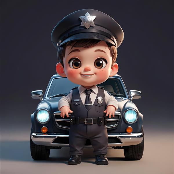 عکس سه بعدی کودک پلیس با کلاه ستاره دار در مقابل خودرو پلیس مشکی مدرن طرح دکوراتیو