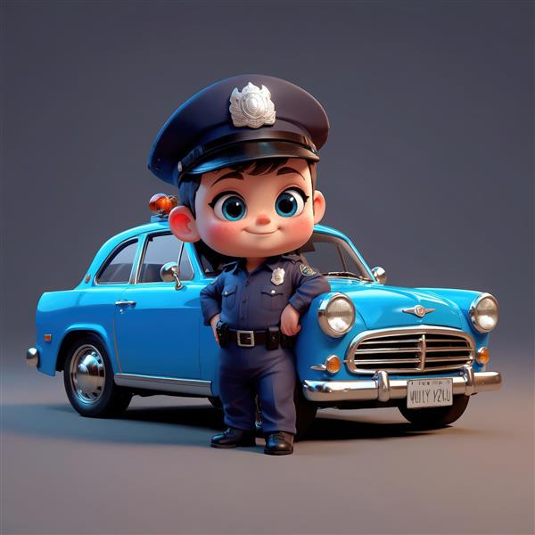 وکتور پسر پلیس در کنار ماشین پلیس کلاسیک آبی طرح سه بعدی فانتزی و باکیفیت برای پوستر دیواری