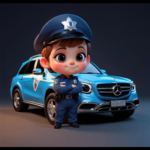 دانلود عکس کودک پلیس با یونیفرم رسمی در پس‌زمینه خودرو شاسی بلند آبی لوکس طرح کودکانه فانتزی