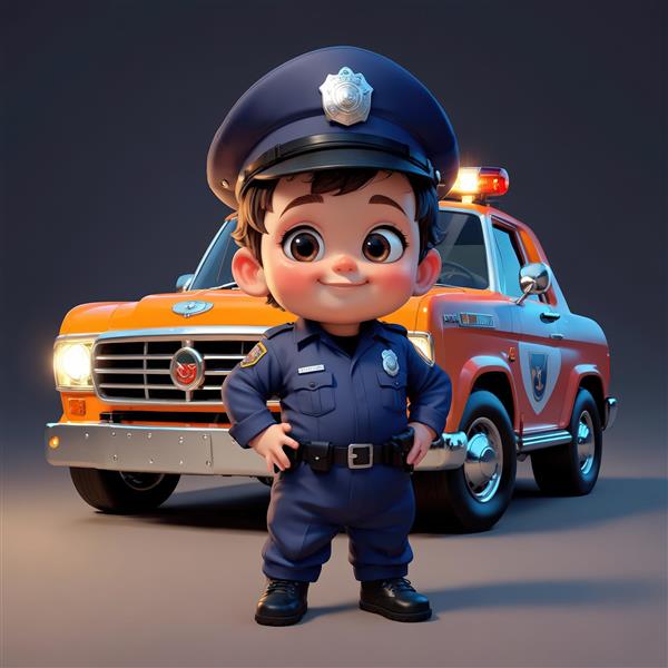 تصویر اورجینال پسر بچه پلیس با کلاه و لباس رسمی در کنار وانت نارنجی قدیمی مناسب دکوراسیون