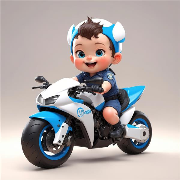 عکس باکیفیت کاراکتر کودک پلیس سوار بر موتور اسپرت آبی و سفید طرح سه بعدی برای چاپ تابلو