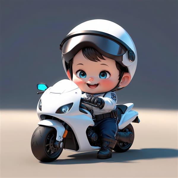 کارتون پسر بچه پلیس سوار موتور سیکلت اسپرت سفید تصویر اورجینال برای پوستر اتاق کودک