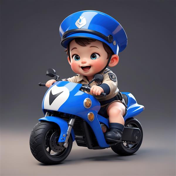 تصویر کارتونی عروسک پسر با لباس غیر رسمی پلیس در حال راندن موتور سیکلت آبی اسپرت