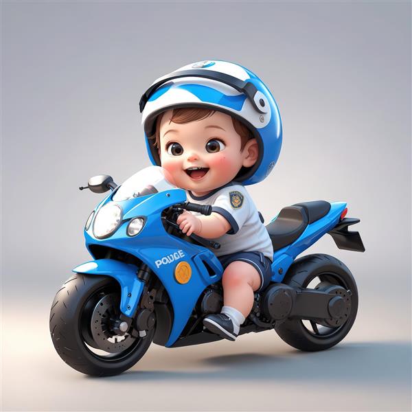 عروسک پسر شاد با کلاه ایمنی پلیس و سوار بر موتور سیکلت اسپرت آبی و سفید