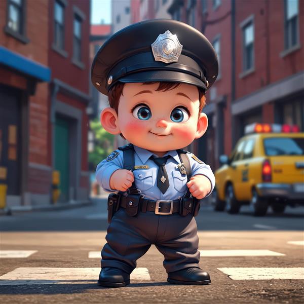 عکس استوک عروسک پسر پلیس با لباس رسمی در حال ایستادن در گذرگاه خیابان شلوغ