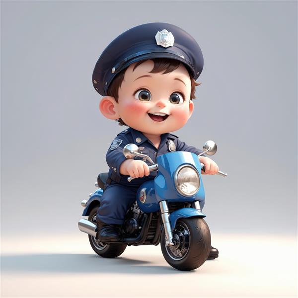 عروسک پسر پلیس خندان سوار بر موتور سیکلت آبی کلاسیک در محیط استودیویی روشن