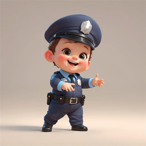 تصویر کارتونی عروسک پسر پلیس خندان با لباس فرم و کمربند در پس‌زمینه ساده