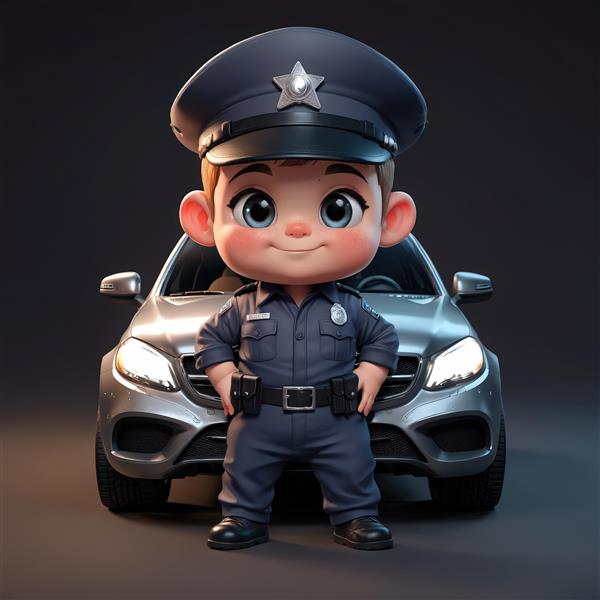 عکس عروسک پسر پلیس با کلاه ستاره‌ای در مقابل ماشین پلیس شیک نقره‌ای/مشکی