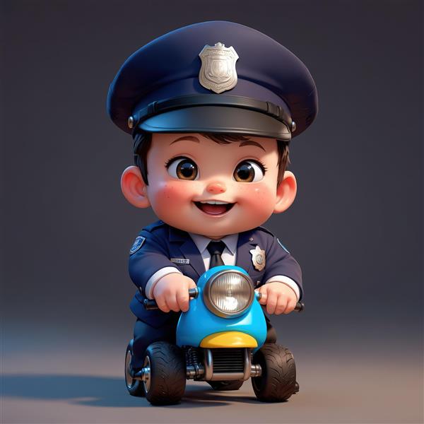 عروسک پسر پلیس شاد با کلاه نظامی و سوار بر موتور سه چرخ آبی و کوچک