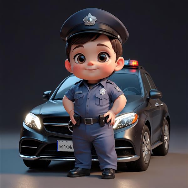 تصویر اورجینال عروسک پسر پلیس با لباس آستین کوتاه و خودروی لوکس پلیس مشکی