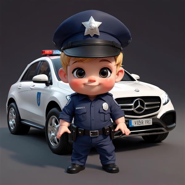 عکس استوک عروسک پسر پلیس با کلاه ستاره دار در مقابل ماشین شاسی بلند پلیس سفید