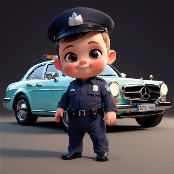 عروسک پسر پلیس با یونیفرم رسمی در کنار خودروی پلیس کلاسیک بنز آبی روشن