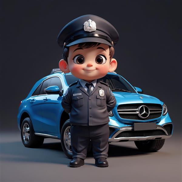 تصویر رسمی عروسک پسر با پالتوی پلیس و خودروی شاسی بلند آبی در پس‌زمینه تیره