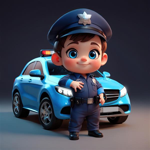 عروسک پسر پلیس با کلاه ستاره دار در مقابل ماشین پلیس شیک و آبی تیره