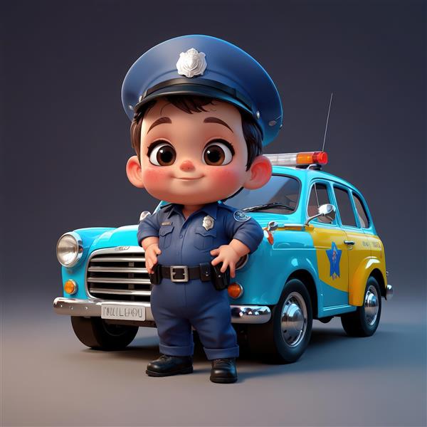 تصویر کارتونی عروسک پسر پلیس در کنار ماشین پلیس کلاسیک آبی و زرد