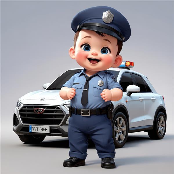 عکس عروسک پسر پلیس با لباس آستین کوتاه و ماشین شاسی بلند پلیس سفید در پس‌زمینه
