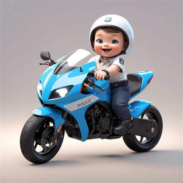 عروسک پسر با پیراهن پلیس و کلاه ایمنی روی موتور سیکلت آبی اسپرت در محیط روشن