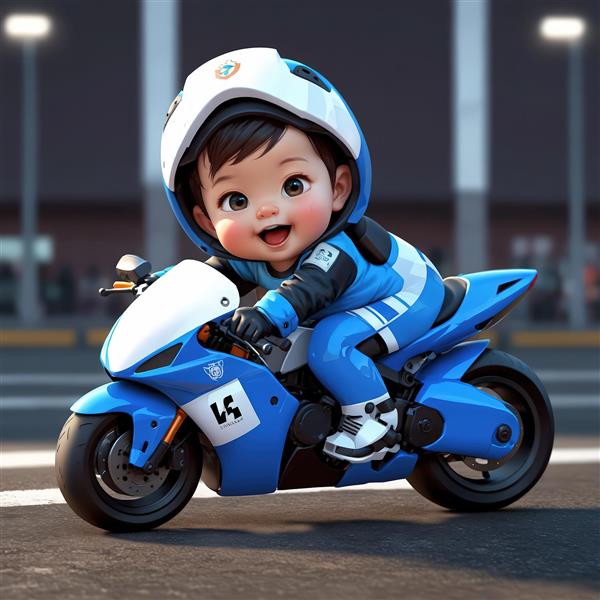 تصویر باکیفیت عروسک پسر موتورسوار با لباس مسابقه‌ای و کلاه ایمنی در خیابان